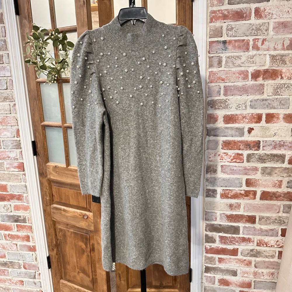 Ann Taylor Sweater Dress Women Gray Pearl Embellished Puff Sleeve Coquette XLP